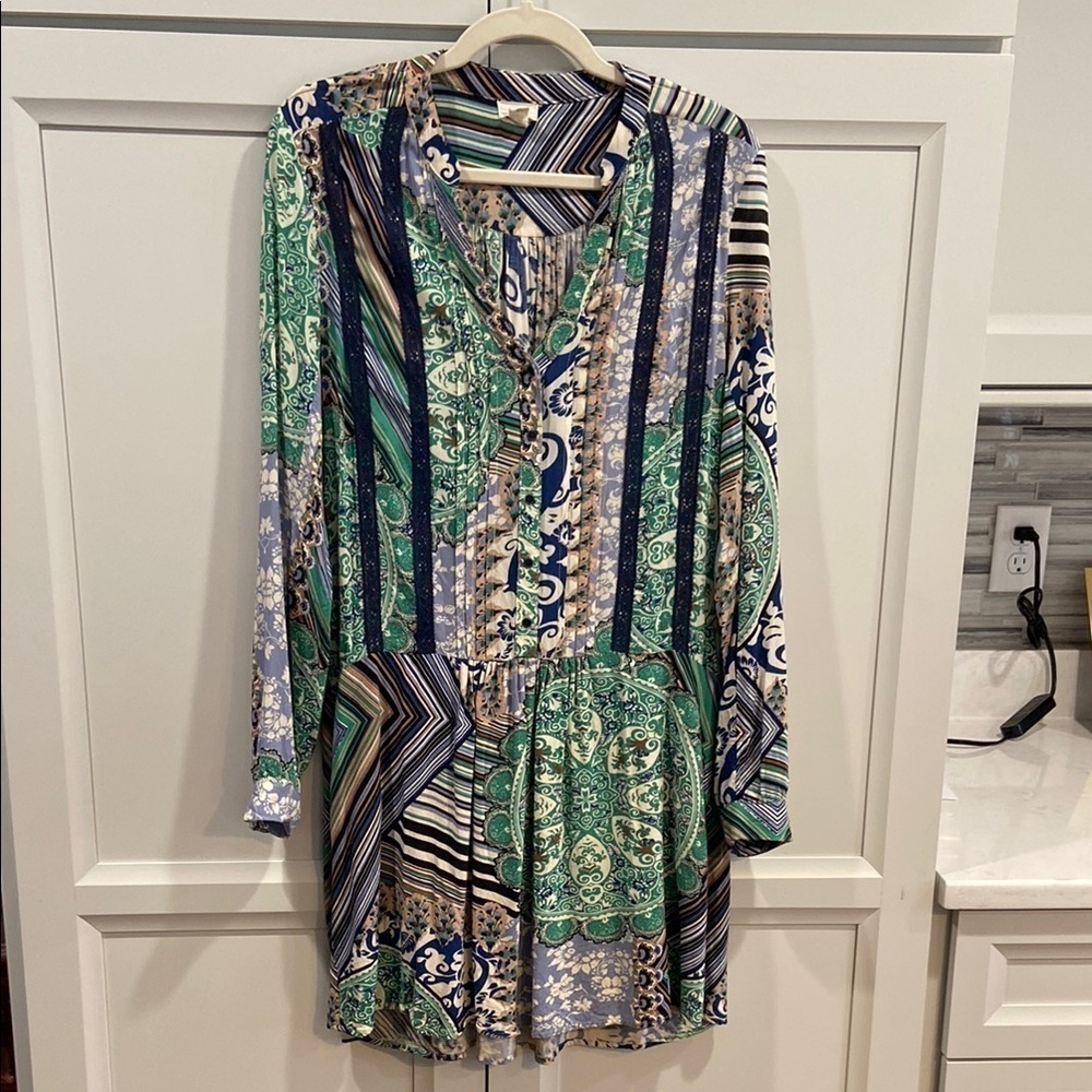 Anthropologie TINY Small Caviana Shirt Dress Green Boho Mixed Print Drop Waist